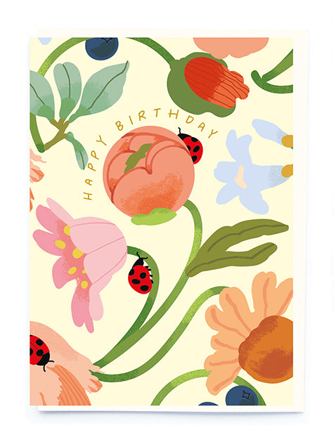 Happy Birthday - Floral with Ladybirds